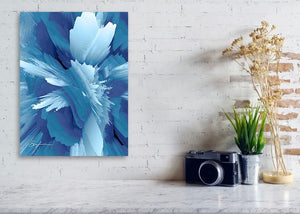 a painting of a blue flower on a white brick wall