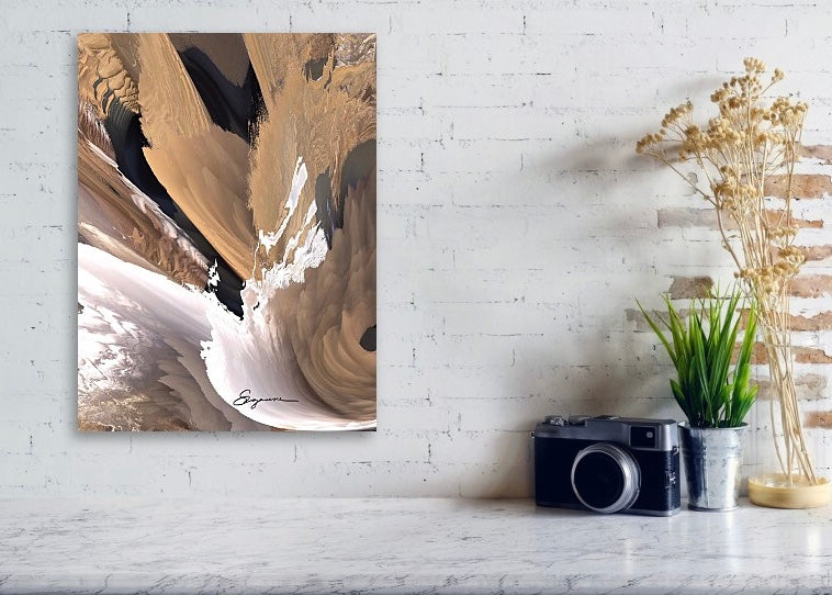 an abstract painting of clouds and mountains