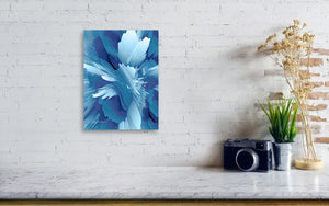 a painting of a blue flower on a white brick wall